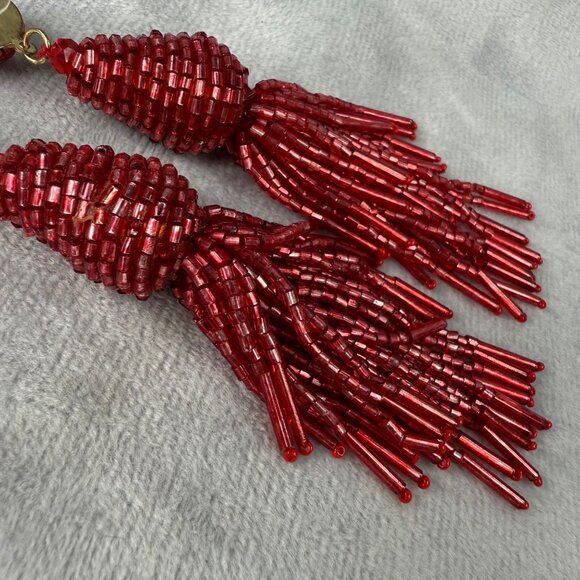 Beaded Red Tassel Pierced Earrings Statement Jewelry Gold Tone Back Vibrant Boho - Picture 15 of 16